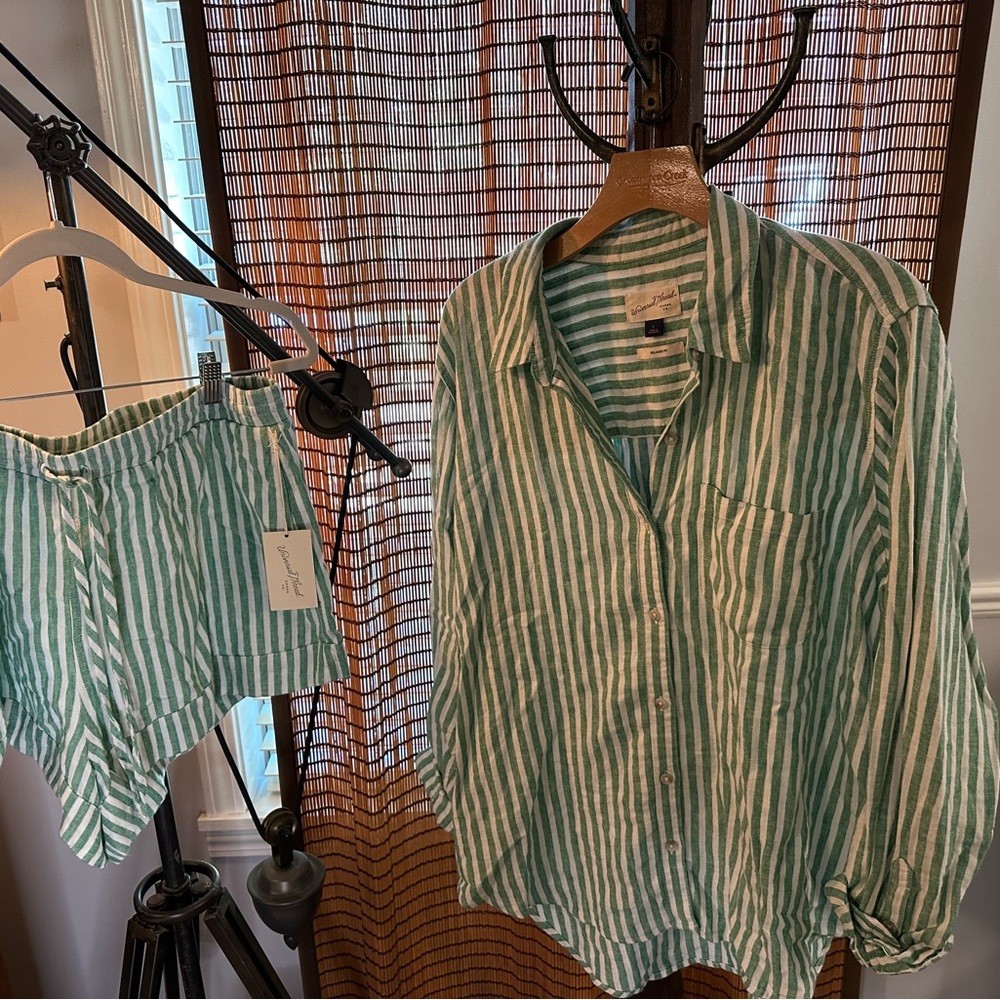 Green and White Striped Button-Up Shirt and Shorts Set - Picture 15 of 16